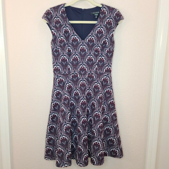 Adorne Dresses & Skirts - Adorne Dress Size 2 Womens Navy Burgundy Floral Embroidered Fit Flare Stretch